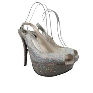 Stuart Weitzman Shoes Women 10 Pump Slingback Platform Peep Toe Galactic Glitter